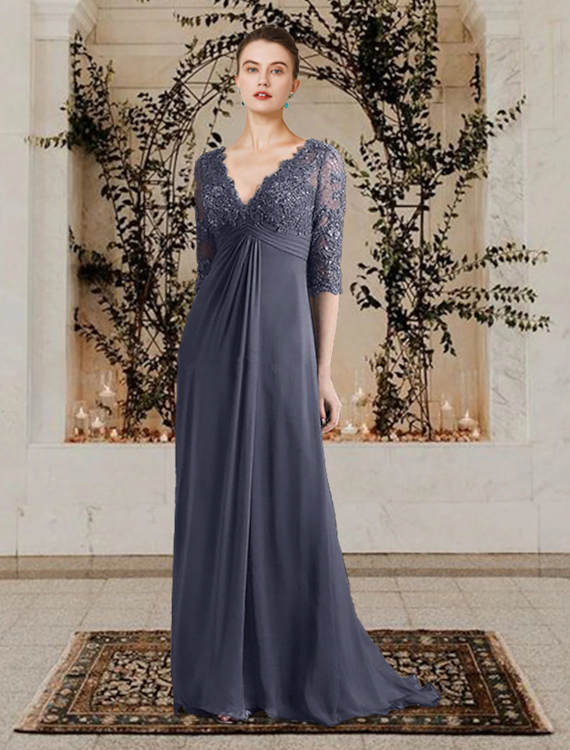 A-Line Mother of the Bride Dress Elegant V Neck Sweep / Brush Train Chiffon Lace Half Sleeve with Appliques