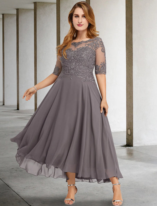 A-Line Mother of the Bride Dresses Plus Size Hide Belly Curve Elegant Dress Formal Asymmetrical Half Sleeve Jewel Neck Chiffon with Beading Appliques