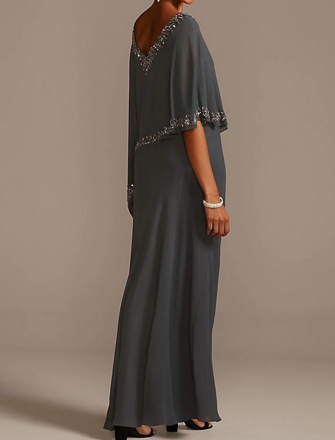 Sheath / Column Mother of the Bride Dress Fall Wedding Guest Elegant V Neck Floor Length Chiffon Half Sleeve with Beading