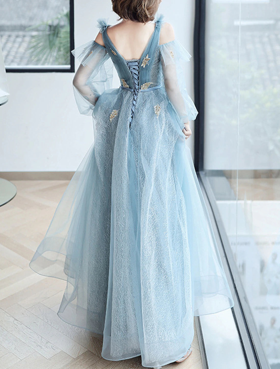 A-Line Sparkle & Shine Puffy Prom Formal Evening Dress V Neck Long Sleeve Floor Length Polyester with Sequin Butterfly