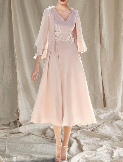 Two Piece A-Line Mother of the Bride Dress Wedding Guest Church Elegant V Neck Tea Length Chiffon Sleeveless Wrap Included with Appliques