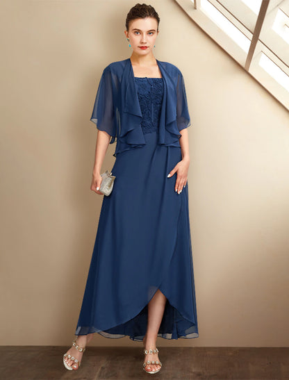 Two Piece A-Line Mother of the Bride Dress Church Plus Size Elegant High Low Square Neck Asymmetrical Tea Length Chiffon Lace Short Sleeve Wrap Included with Appliques