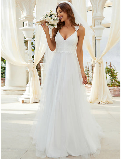 Reception Casual Wedding Dresses A-Line Sweetheart V Wire Regular Straps Sweep / Brush Train Tulle Bridal Gowns With Crystals Appliques Summer Wedding Party