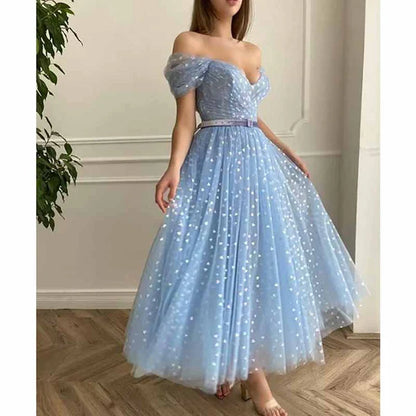 Off Shoulder Tulle Homecomng Dress Tea Length Formal Dress Party Gowns with Belt