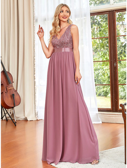 A-Line Prom Dresses Sparkle & Shine Dress Wedding Guest Prom Floor Length Sleeveless V Neck Chiffon V Back with Draping Pure Color