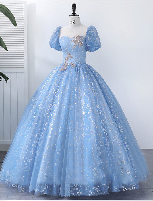 Ball Gown Quinceanera Dresses Princess Dress Performance Sweet 16 Floor Length Short Sleeve Square Neck Polyester with Pearls Appliques