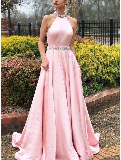 A-Line Prom Dresses Beautiful Back Dress Wedding Guest Engagement Sweep / Brush Train Sleeveless Halter Neck Satin with Beading