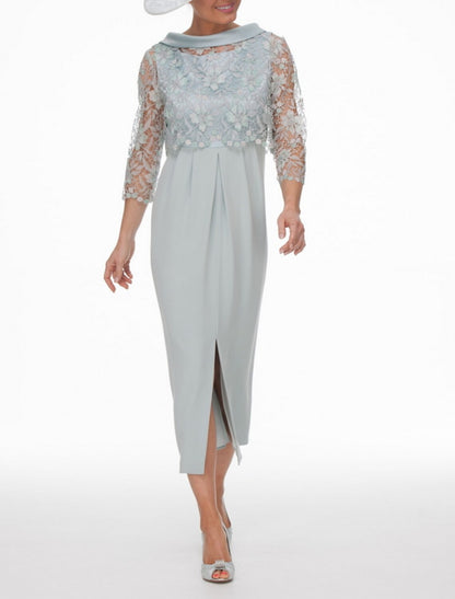 Two Piece Sheath / Column Mother of the Bride Dress Church Wrap Included Jewel Neck Ankle Length Chiffon Lace 3/4 Length Sleeve with Appliques Split Front