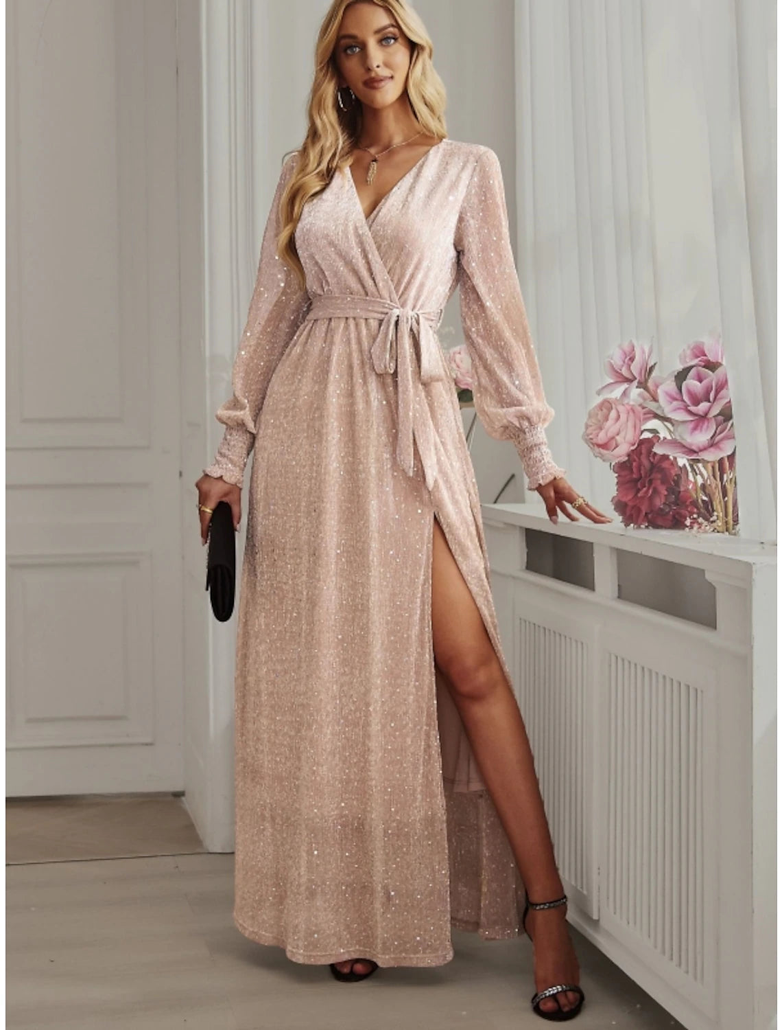 A-Line Party Dresses Sparkle & Shine Dress Birthday Fall Ankle Length Long Sleeve V Neck Chiffon with Glitter Sequin Slit