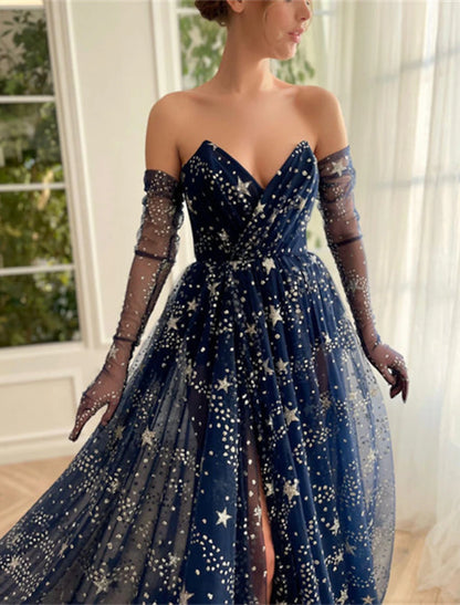 A-Line Prom Dresses Sparkle & Shine Dress Wedding Guest Birthday Sweep / Brush Train Long Sleeve Strapless Tulle with Sequin Slit