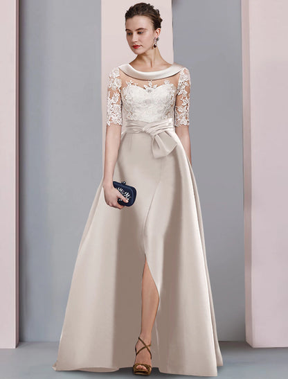 A-Line Mother of the Bride Dress Wedding Guest Elegant Scoop Neck Floor Length Satin Lace Half Sleeve with Bow(s) Appliques Split Front