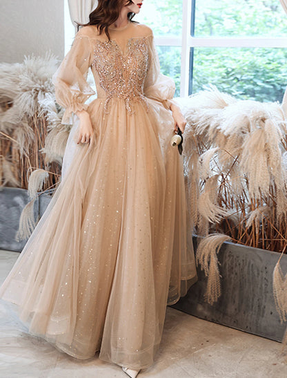 A-Line Prom Dresses Sparkle & Shine Dress Wedding Guest Prom Floor Length Long Sleeve Jewel Neck Lace with Rhinestone Appliques
