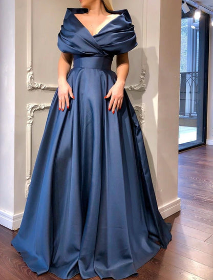 A-Line Minimalist Elegant Engagement Prom Dress V Neck Short Sleeve Sweep / Brush Train Satin with Pleats