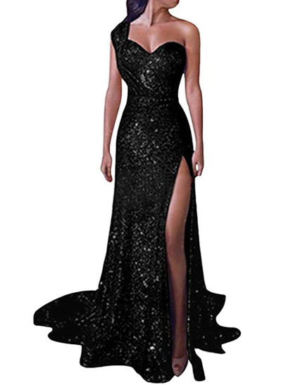 Mermaid / Trumpet Evening Dresses Sexy Sparkle & Shine Dress Prom Formal Evening Court Train One Shoulder Sleeveless Sequined with Sequin Slit