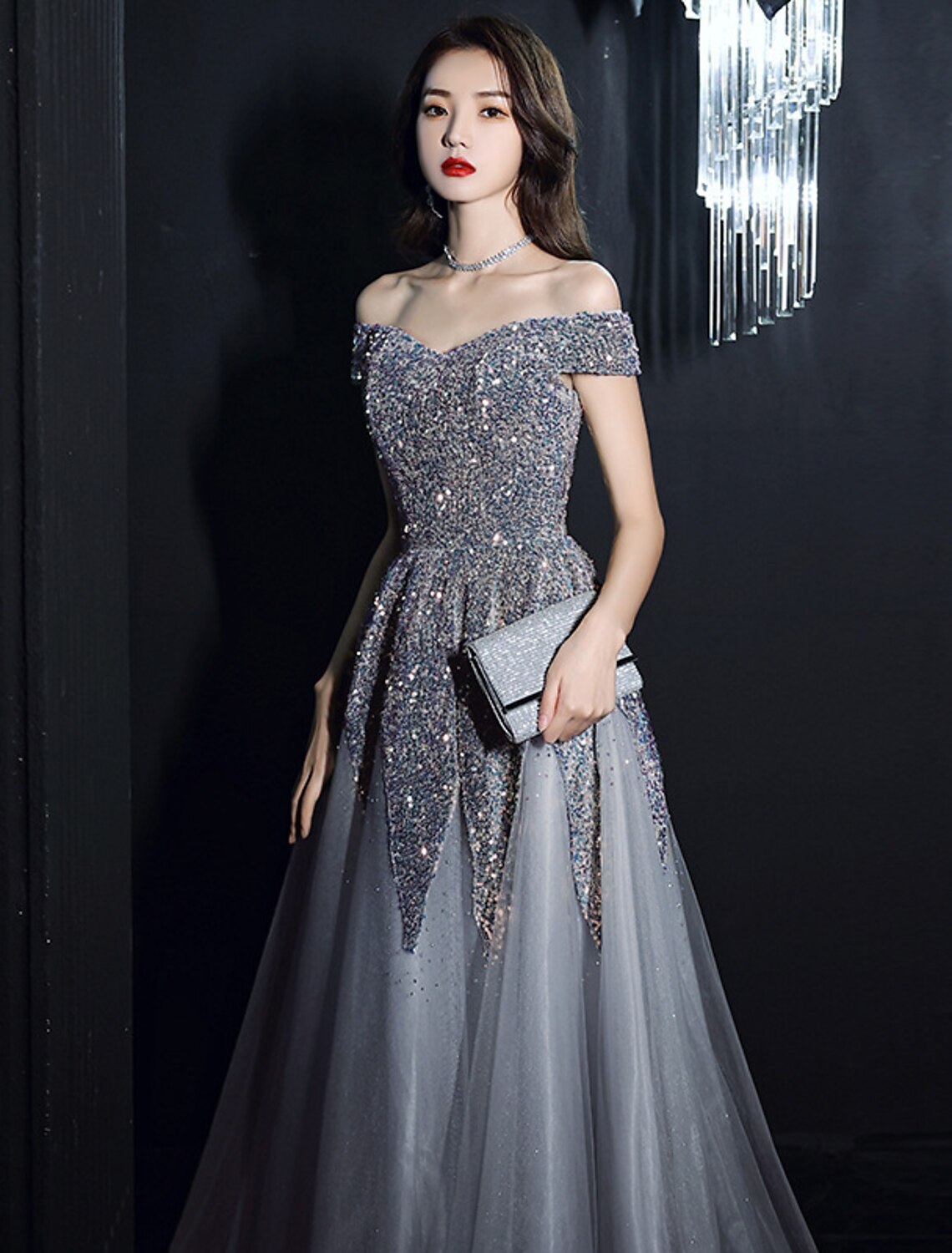 A-Line Prom Dresses Sparkle & Shine Dress Formal Wedding Guest Floor Length Short Sleeve Off Shoulder Polyester with Sequin