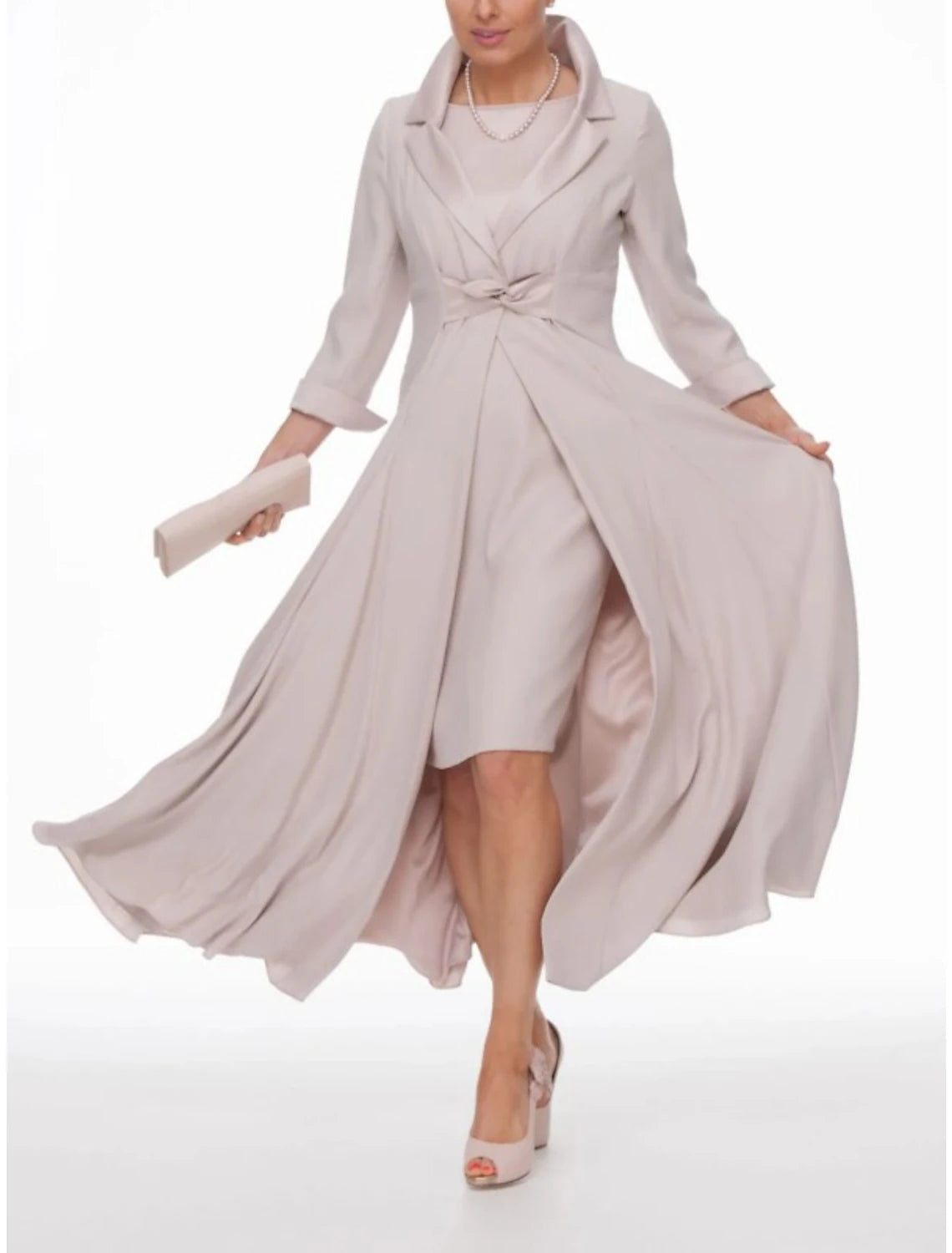 Two Piece Sheath / Column Mother of the Bride Dress Wedding Guest Party Elegant Winter With Jacket 3/4 Sleeve Shirt Collar Ankle Length Chiffon Pleats Solid Color