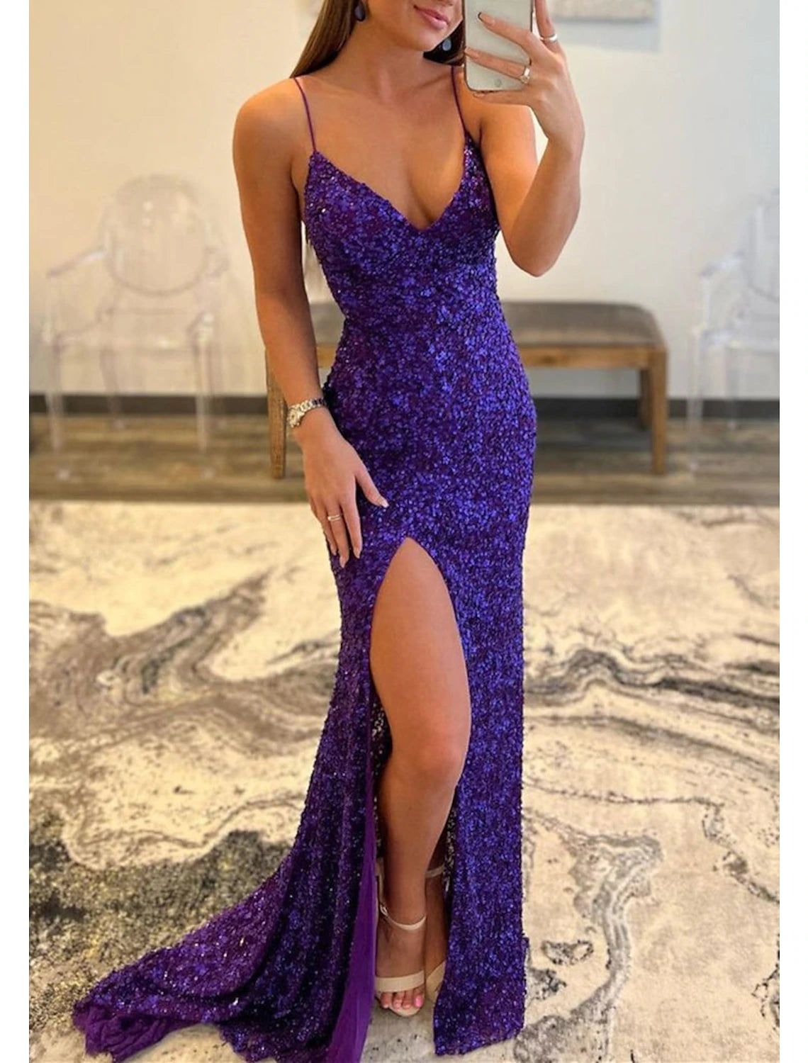 Mermaid / Trumpet Prom Dresses Sparkle & Shine Dress Formal Wedding Guest Sweep / Brush Train Sleeveless V Neck Sequined Backless with Sequin Slit