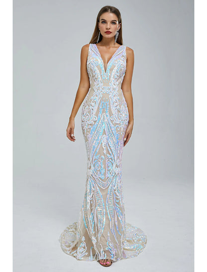 Mermaid / Trumpet Evening Gown Sparkle & Shine Dress Engagement Formal Evening Court Train Sleeveless V Neck Sequined with Sequin