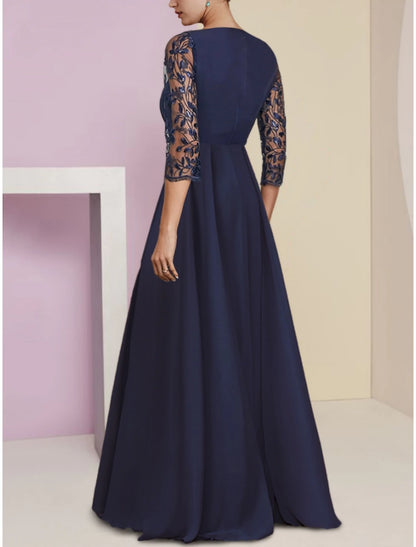 A-Line Mother of the Bride Dress Wedding Guest Elegant Scoop Neck Floor Length Stretch Chiffon Half Sleeve with Sequin Appliques Ruching