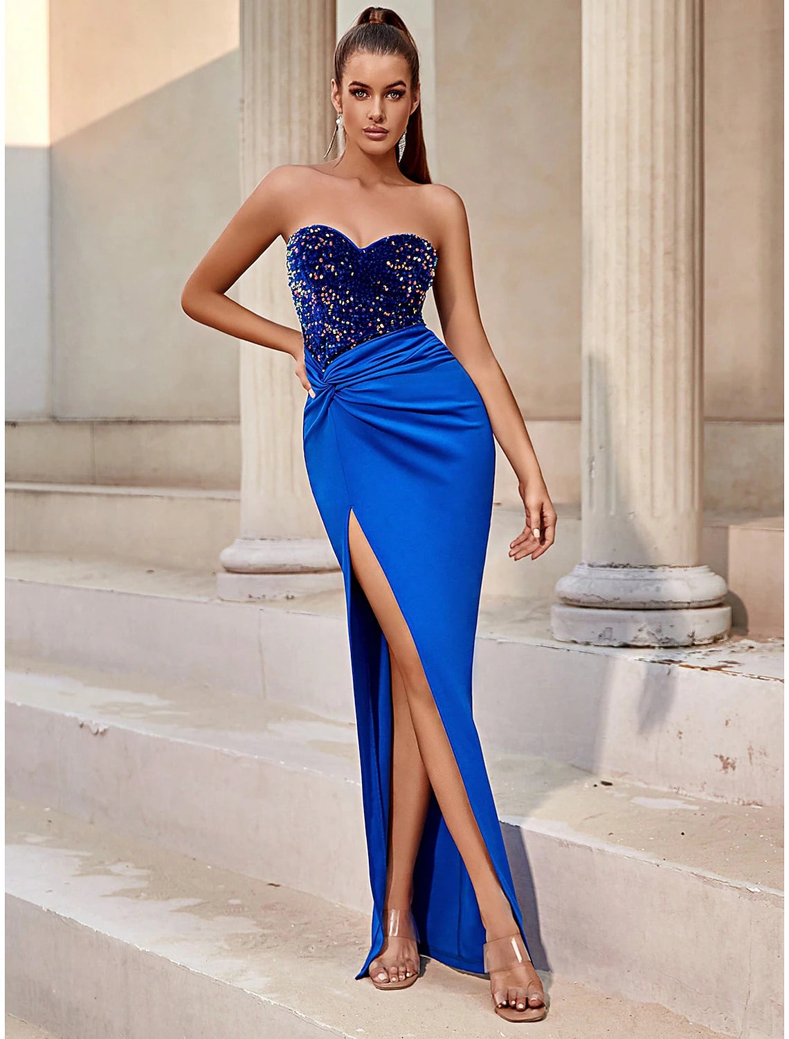 Blue Orange Green Blue A-Line Evening Gown Sparkle & Shine Dress Formal Floor Length Sleeveless Sweetheart Stretch Fabric with Glitter Sequin Slit Fall Wedding