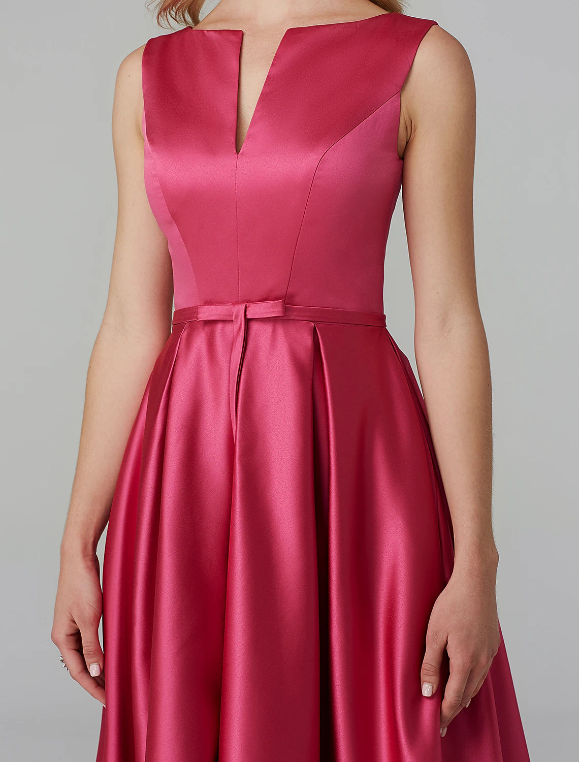 A-Line Party Dress Wedding Guest Cocktail Party Knee Length Sleeveless V Wire Pink Dress Satin with Sash / Ribbon