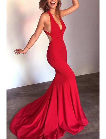 Mermaid / Trumpet Evening Gown Open Back Dress Formal Prom Court Train Sleeveless V Neck Stretch Fabric with Strappy