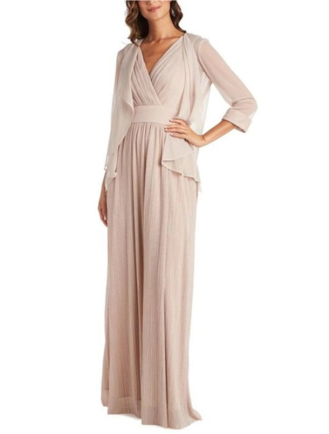 Two Piece Mother of the Bride Dress Simple Elegant V Neck Floor Length Chiffon 3/4 Length Sleeve with Pleats Solid Color