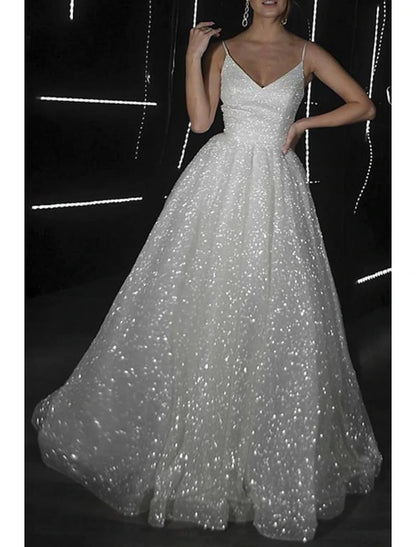 A-Line Prom Dresses Glittering Dress Wedding Guest Wedding Party Floor Length Sleeveless Spaghetti Strap Fall Wedding Reception Tulle with Sequin