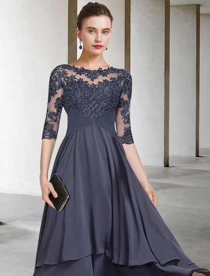 A-Line Mother of the Bride Dress Plus Size Elegant High Low Jewel Neck Asymmetrical Tea Length Chiffon Lace Short Sleeve with Ruched Beading Appliques