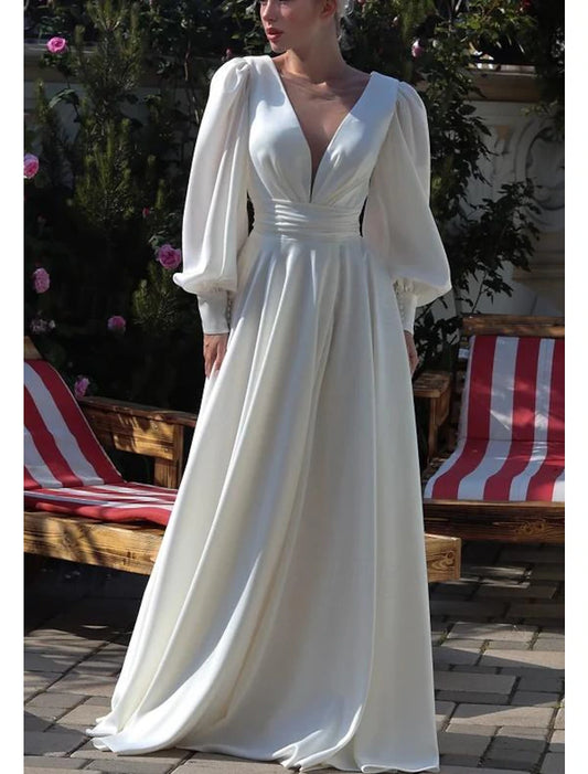 Wedding Dresses A-Line V Neck Long Sleeve Court Train Chiffon Bridal Gowns With Pleats Solid Color