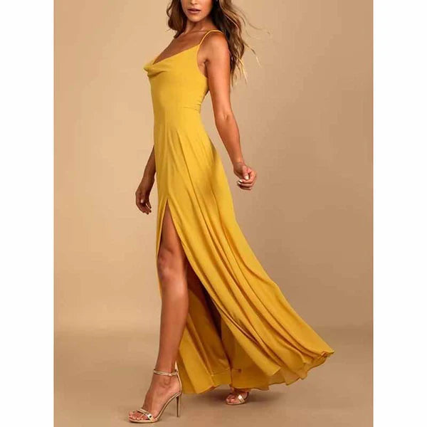 Long Chiffon Bridesmaid Dresses For Wedding A Line Cowl Neck High Slit Formal Dress