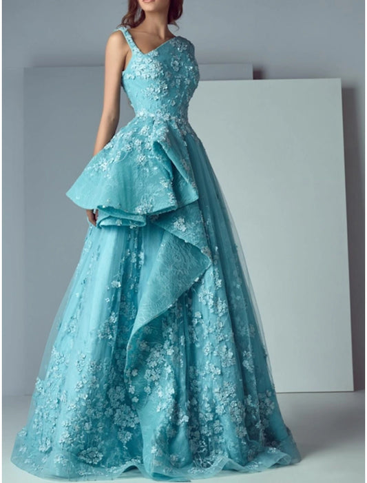 A-Line Floral Engagement Prom Dress V Neck Sleeveless Floor Length Polyester with Appliques