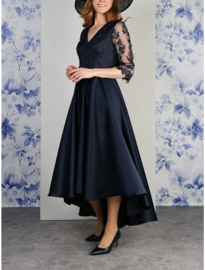 A-Line Mother of the Bride Dress Wedding Guest Vintage Party V Neck Asymmetrical Ankle Length Satin Lace 3/4 Length Sleeve with Pleats Solid Color