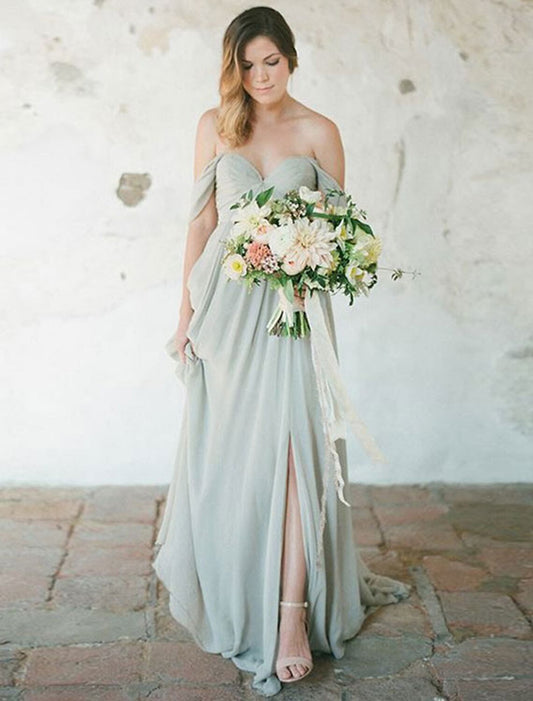 A-Line Bridesmaid Dress Sweetheart Neckline Short Sleeve Furcal Floor Length Chiffon with Pleats / Split Front