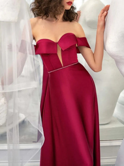 A-Line Burgundy Strapless Sleeveless Floor-Length Evening Dress