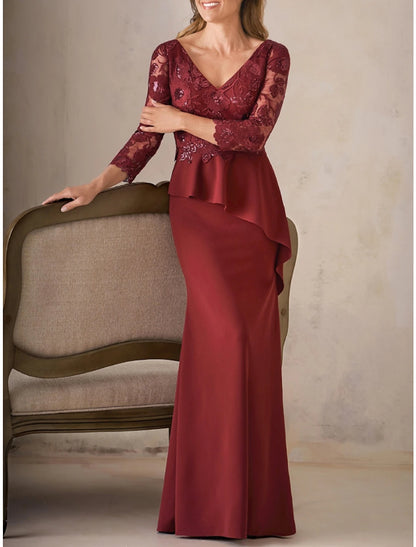 Sheath / Column Mother of the Bride Dress Wedding Guest Elegant V Neck Floor Length Satin Long Sleeve with Lace Sequin Ruching