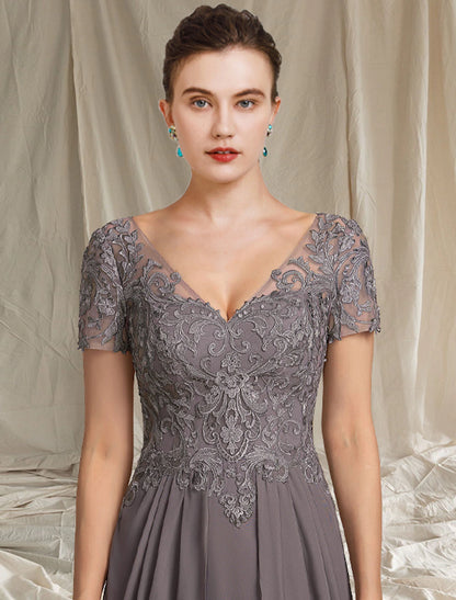 A-Line Mother of the Bride Dress Fall Wedding Guest Plus Size Elegant High Low V Neck Tea Length Chiffon Lace Short Sleeve with Pleats Appliques