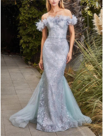 Mermaid / Trumpet Prom Dresses Sparkle Dress Graduation Prom Sweep / Brush Train Sleeveless Off Shoulder Organza with Rhinestone Feather Glitter