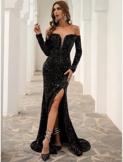 A-Line Evening Gown Sparkle & Shine Dress Formal Fall Sweep / Brush Train Long Sleeve Off Shoulder Velvet with Sequin Slit