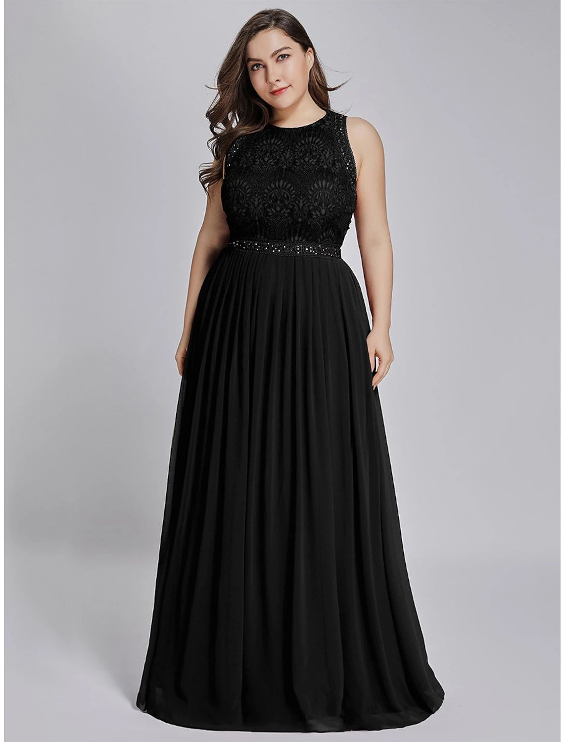 A-Line Prom Dresses Elegant & Luxurious Dress Wedding Guest Floor Length Sleeveless Jewel Neck Chiffon with Crystals