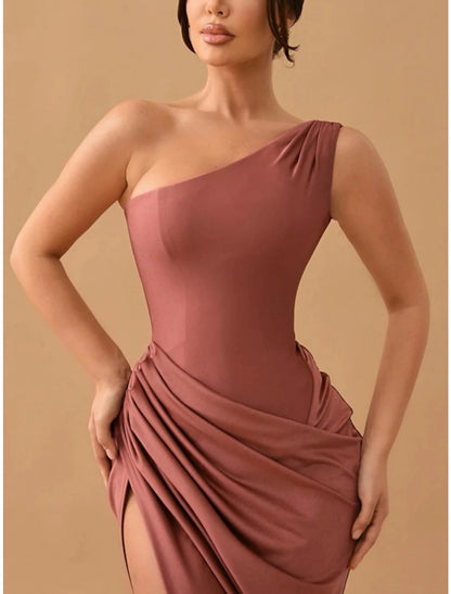 Sheath / Column Evening Gown High Split Dress Formal Sweep / Brush Train Sleeveless One Shoulder Satin with Ruched Slit