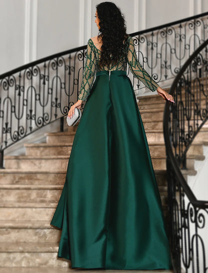 Mermaid Evening Gown Luxurious Dress Carnival Red Green Dress Court Train Long Sleeve Jewel Neck Satin with Rhinestone Appliques