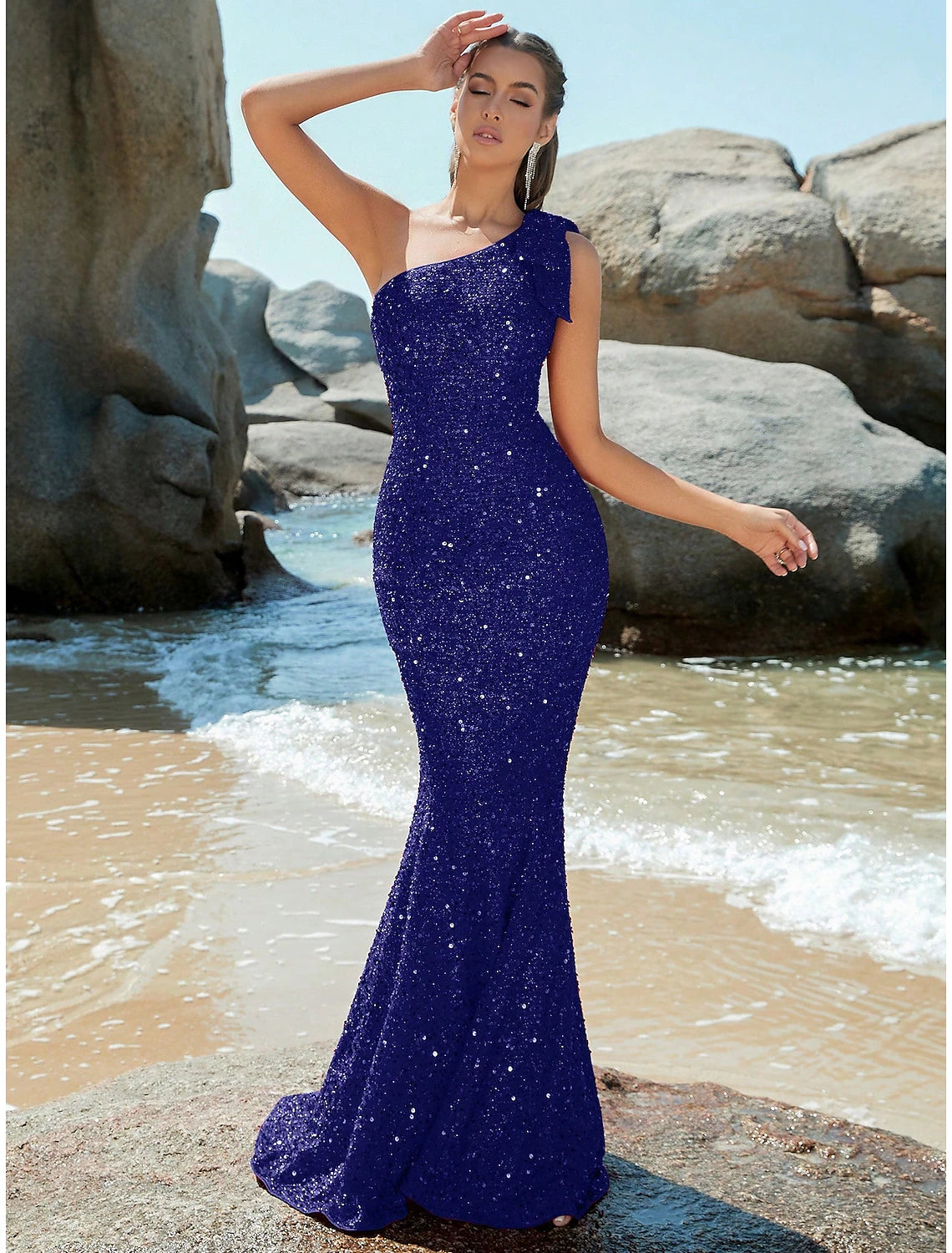 Mermaid / Trumpet Evening Gown Sparkle & Shine Dress Formal Fall Sweep / Brush Train Sleeveless One Shoulder Sequined with Glitter Shouder Flower