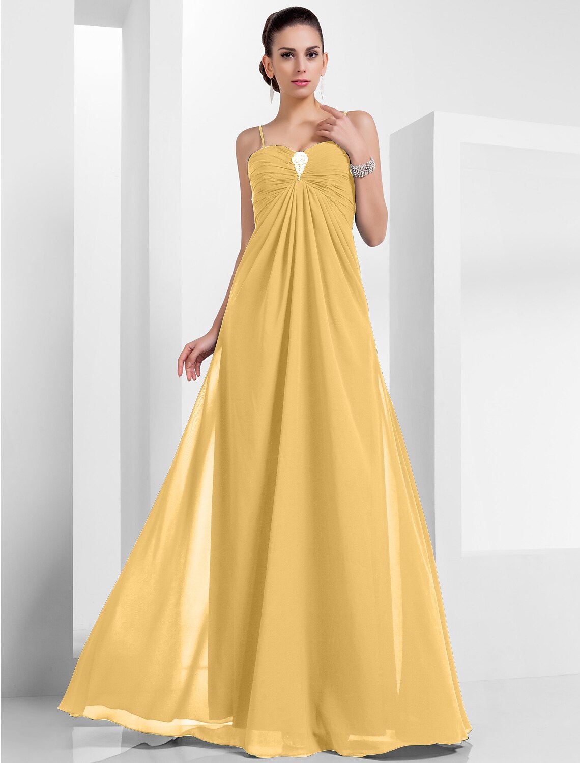 A-Line Empire Holiday Formal Evening Dress Spaghetti Strap Sleeveless Floor Length Chiffon with Crystals