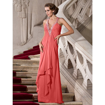 A-Line Celebrity Style Dress Formal Evening Military Ball Floor Length Sleeveless Plunging Neck Chiffon with Beading