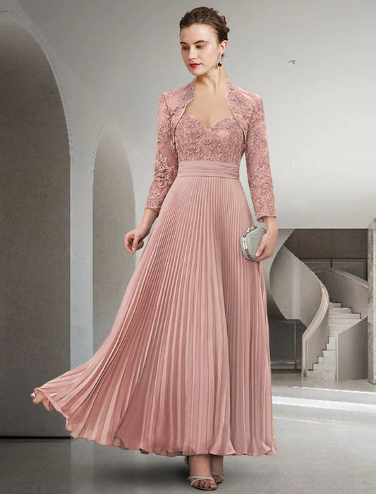 Two Piece A-Line Mother of the Bride Dress Church Elegant Sweetheart Floor Length Chiffon Lace Long Sleeve Wrap Included with Pleats Appliques