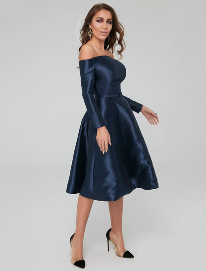 A-Line Special Occasion Dresses Elegant Dress Wedding Guest Cocktail Party Knee Length Long Sleeve Off Shoulder Satin with Pleats