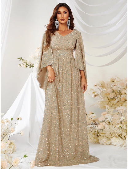 A-Line Evening Gown Sparkle & Shine Dress Formal Wedding Sweep / Brush Train Long Sleeve V Neck Capes Polyester with Sequin