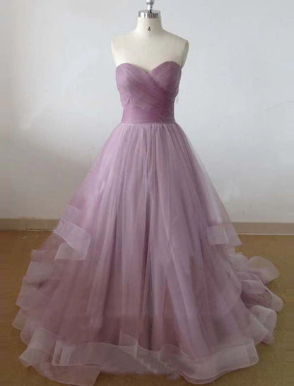 A-Line Minimalist Cute Engagement Prom Dress Sweetheart Neckline Sleeveless Court Train Tulle with Pleats Ruffles