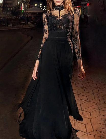 A-Line Evening Gown Vintage Dress Masquerade Floor Length Long Sleeve High Neck Black Dress Chiffon with Appliques